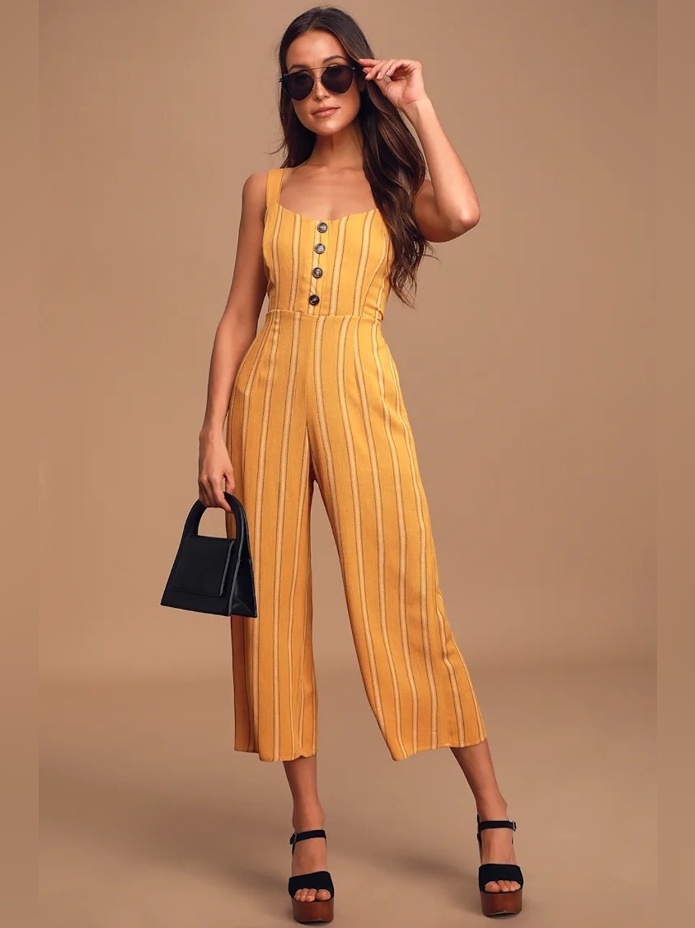 Lulus | Vista Views Mustard Yellow Striped Tie-Back Wide-Leg Jumpsuit - Size S